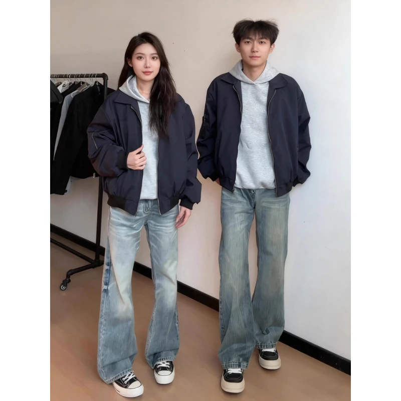 藏青色美式飞行夹克男款秋冬季高级感工装外套潮牌痞帅百搭棒球服