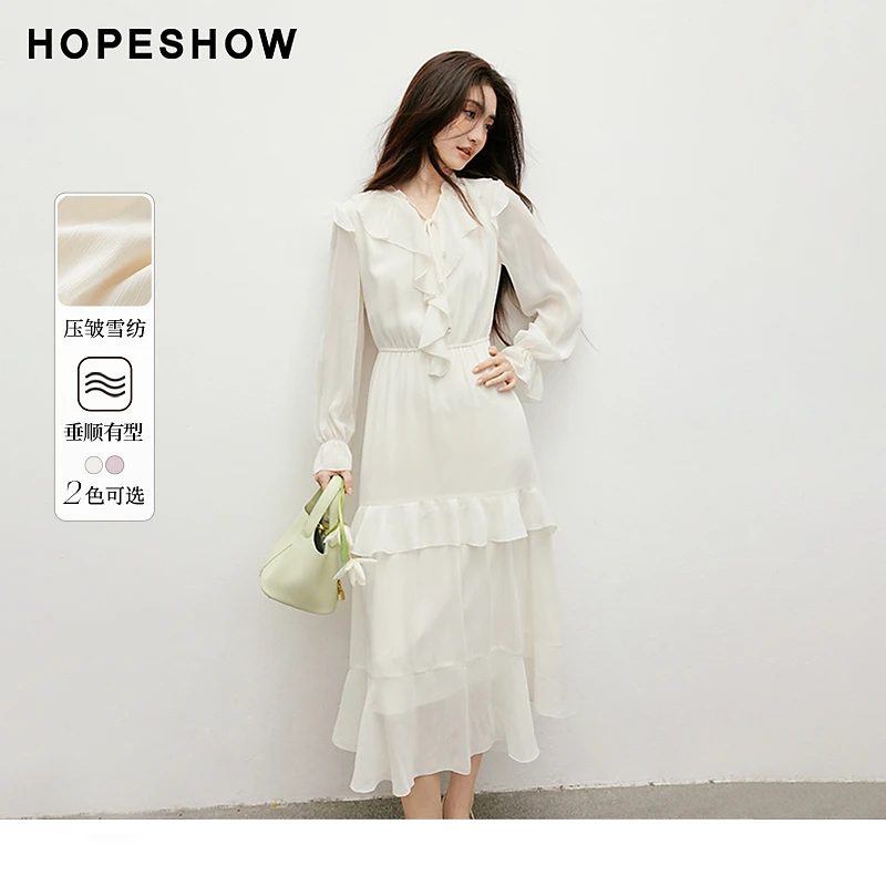 红袖2025裙子气质新款女装波西米亚风木耳边领连衣裙90225111601