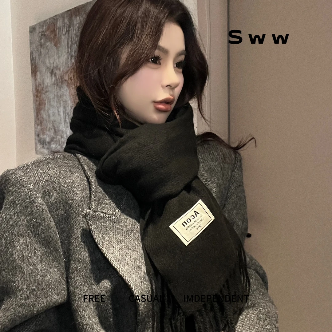 日系咩毛混纺纯色流苏围巾保暖慵懒百搭长款大围巾披肩保暖围巾