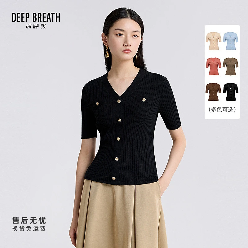 DEEP BREATH深呼吸女装新款绵羊毛坑条小香风短袖针织衫A301210