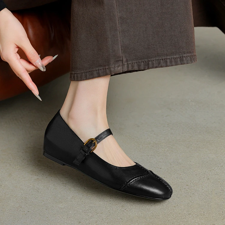 头层羊皮2cm～方头低跟舒适复古玛丽珍时尚浅口女单鞋软底皮鞋粗跟