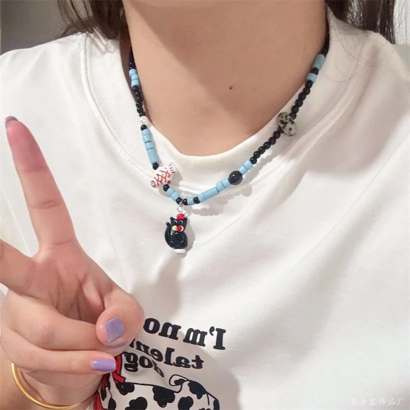 锌合金亚克力项链 小猫爱吃鱼~夏日撞色蓝色系黑猫小鱼串珠项链