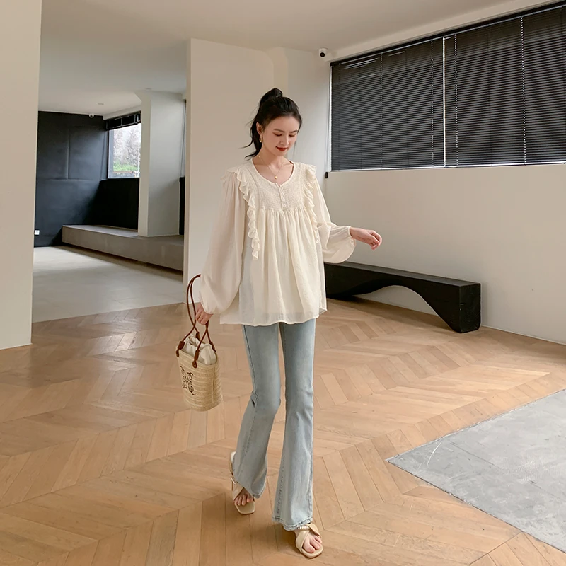 ZMA孕妇装【荷叶边套装】春秋时尚洋气孕妇上衣春装孕妇牛仔裤