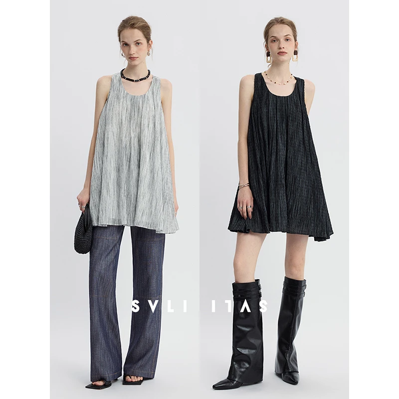 SVLI｜''魔力轨迹''莱赛尔轻盈压褶肌理做旧时髦感U领宽松连衣裙