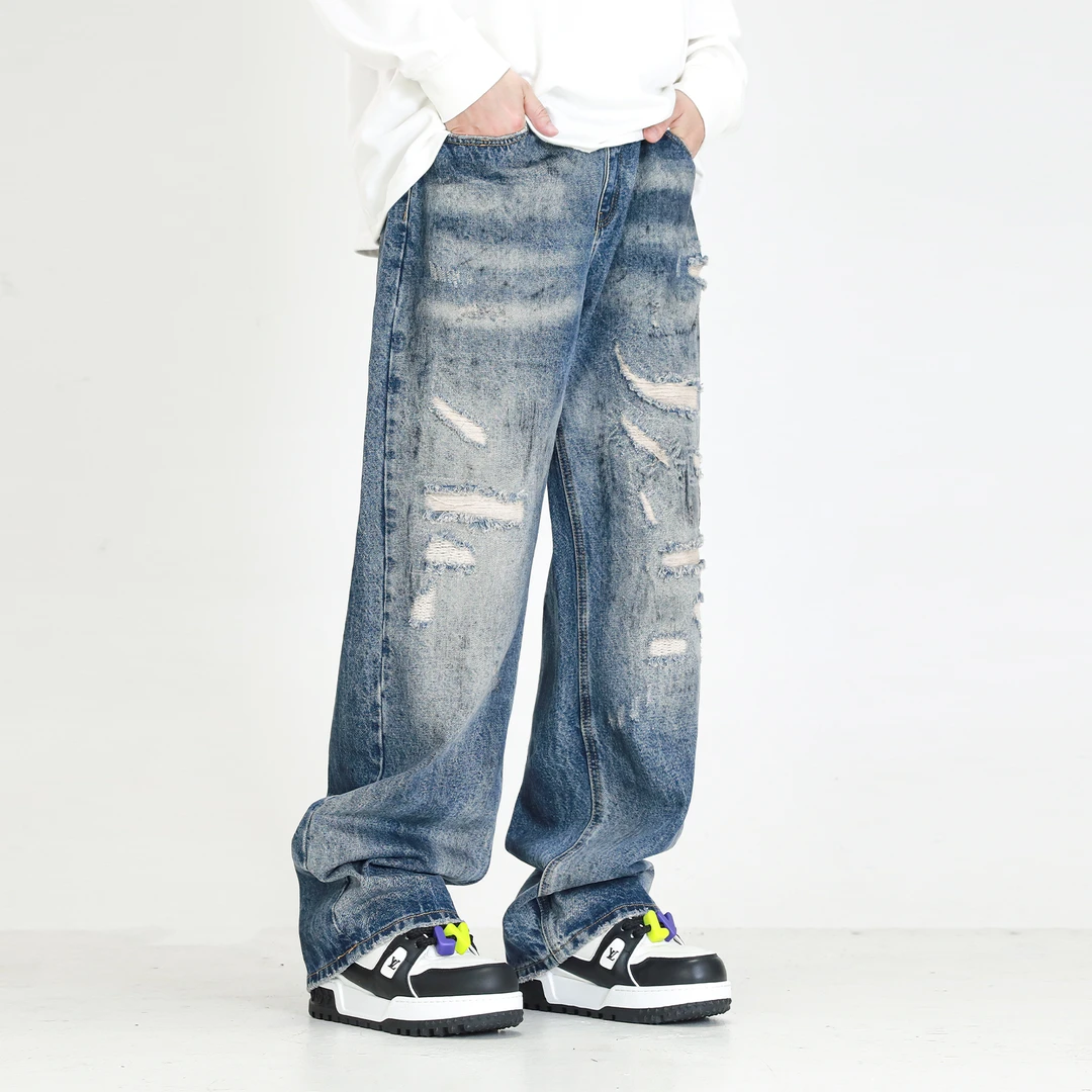 聪明陈 重工水洗破坏风宽松直筒牛仔裤美式高街百搭长裤40190