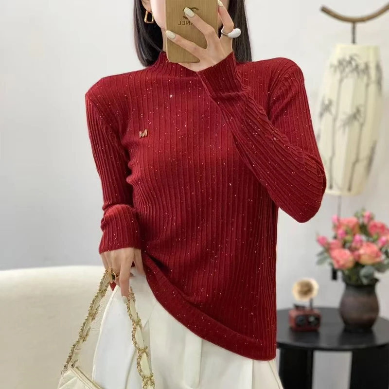 新款半高领亮片针织衫女修身毛衣显瘦内搭打底上衣5511