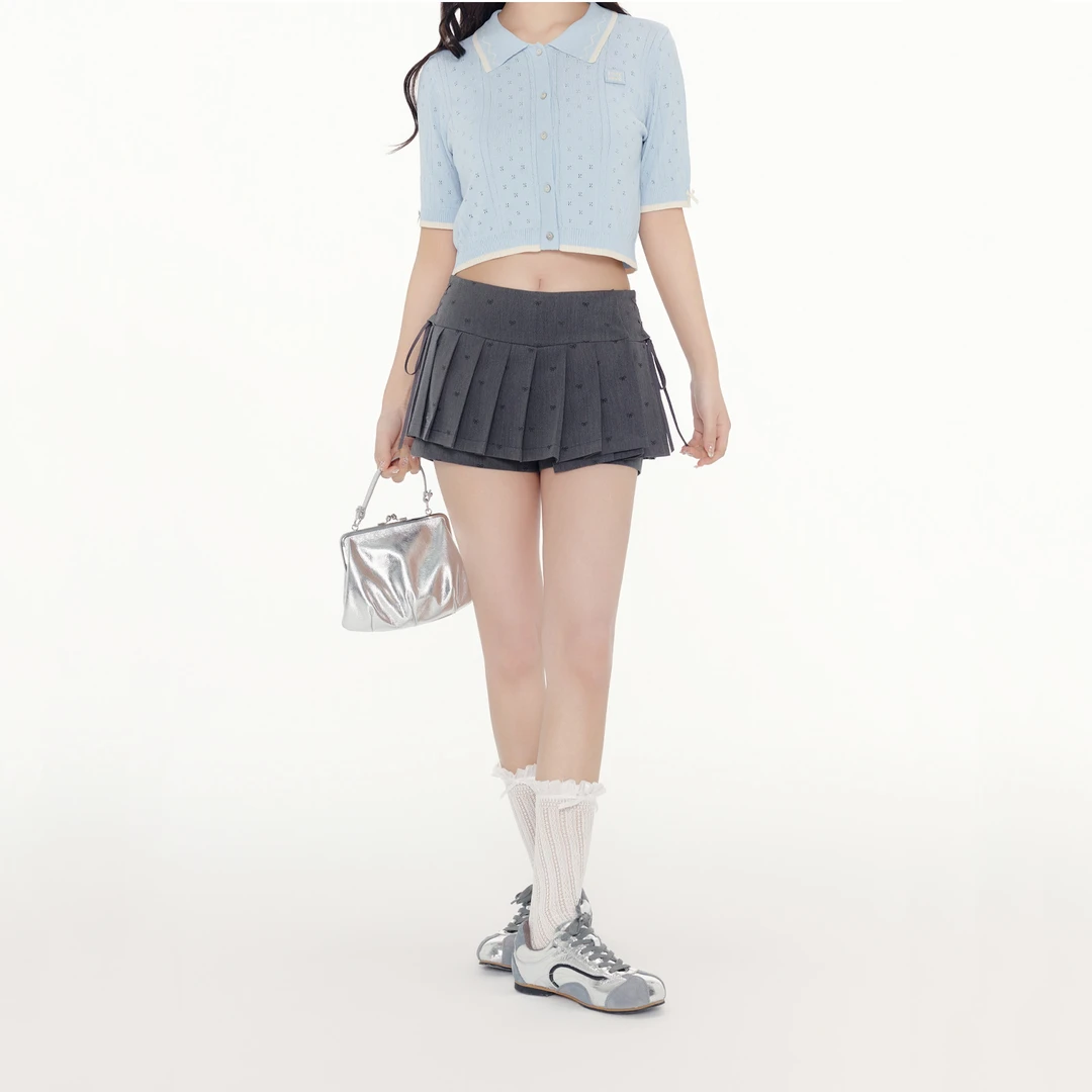 FPMZ【官方】韩系学院风绑带蝴蝶结满印印花logo刺绣A字百褶裙短裙