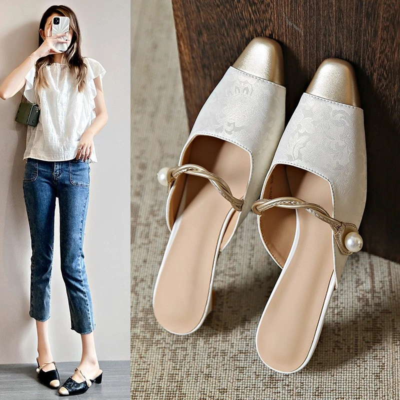 时尚百搭半拖鞋女夏季半托女鞋外穿凉拖新中式国风鞋子粗跟高跟鞋