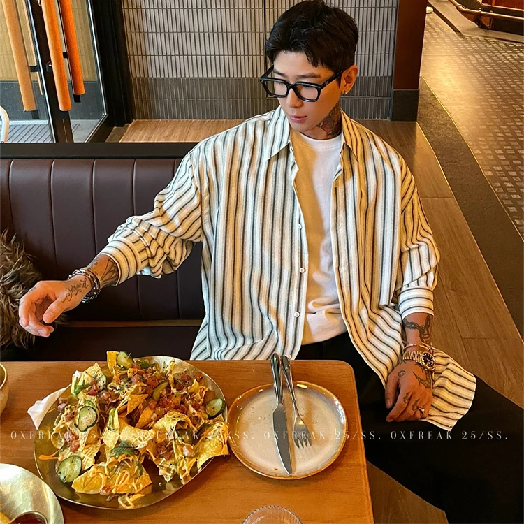 OXFREAK 「老钱风 轻奢感」撞色条纹长袖衬衫男宽松廓形通勤外套