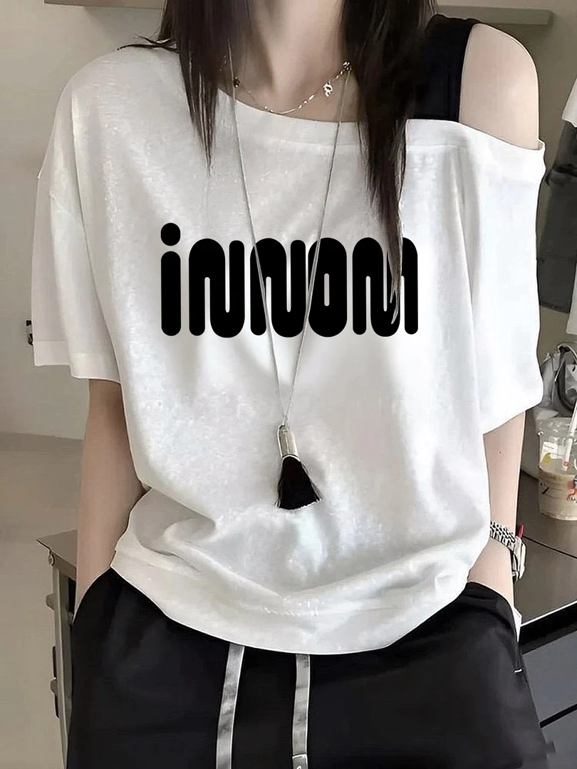 韩系撞色字母印花设计感露肩斜肩短袖上衣女夏季短款修身T恤女