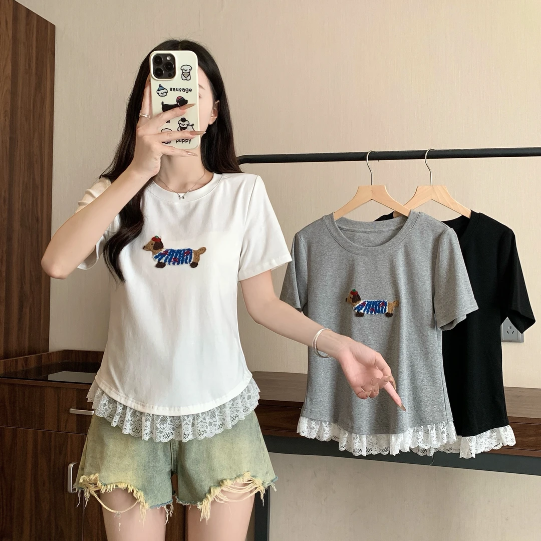 【运费补贴】夏款大码女韩版设计感蕾丝荷叶边短袖小衫上衣 A1372