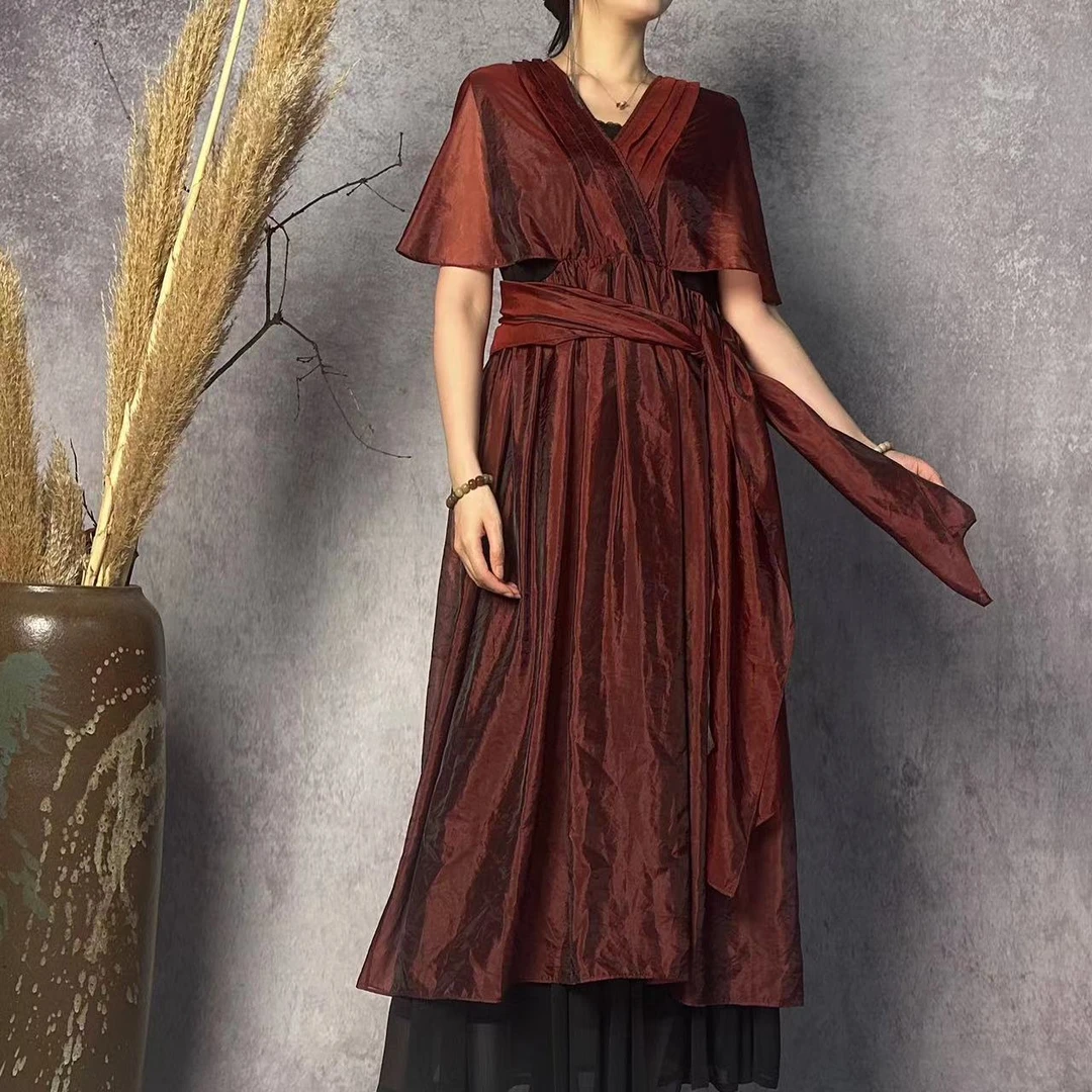 【大海轻奢】L1647暗酒红色抽绳气质夏季宽松设计师时尚连衣裙