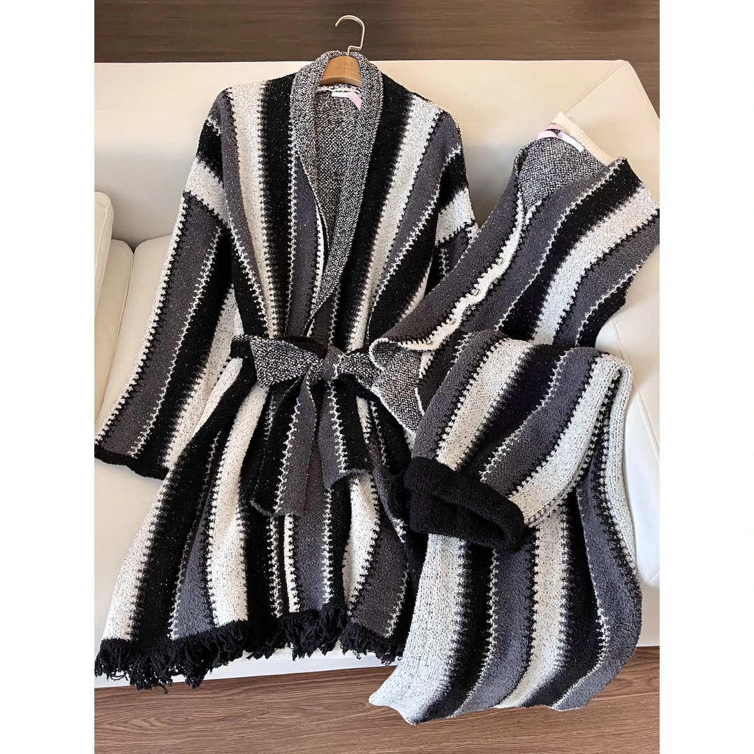 【TPNY宅町睡衣】秋冬款条纹半边绒睡衣女长袖长裤加厚家居服三件套