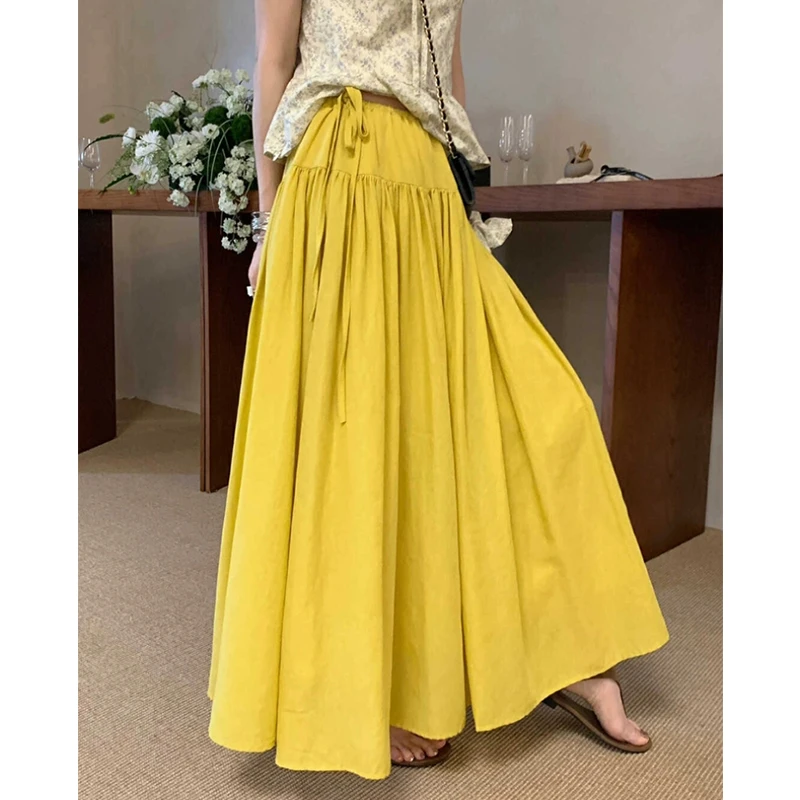 纯色松紧腰抽绳半身裙女中长款25夏季褶皱百搭宽松显瘦A字裙伞裙