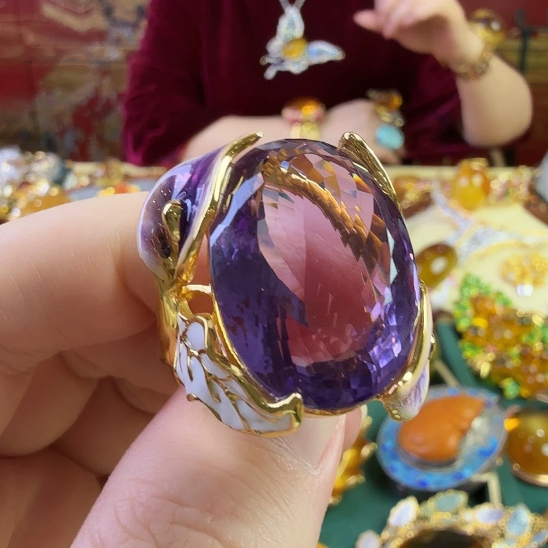 银S925镀金镶嵌颈饰紫晶戒指