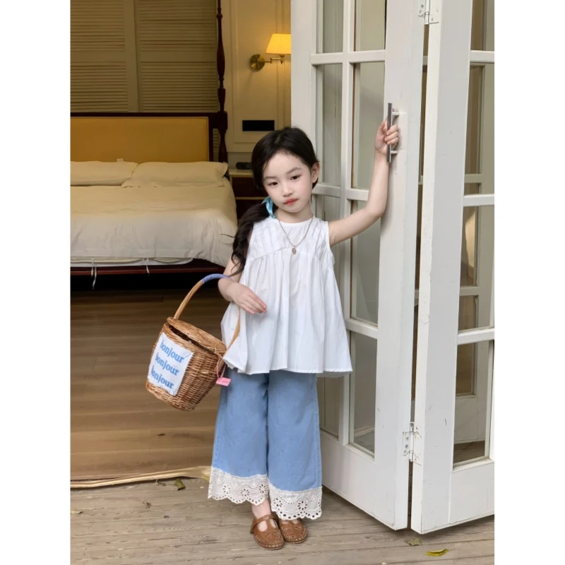 夏装2025新款女童韩版洋气娃娃衫套装蕾丝花边牛仔阔腿裤