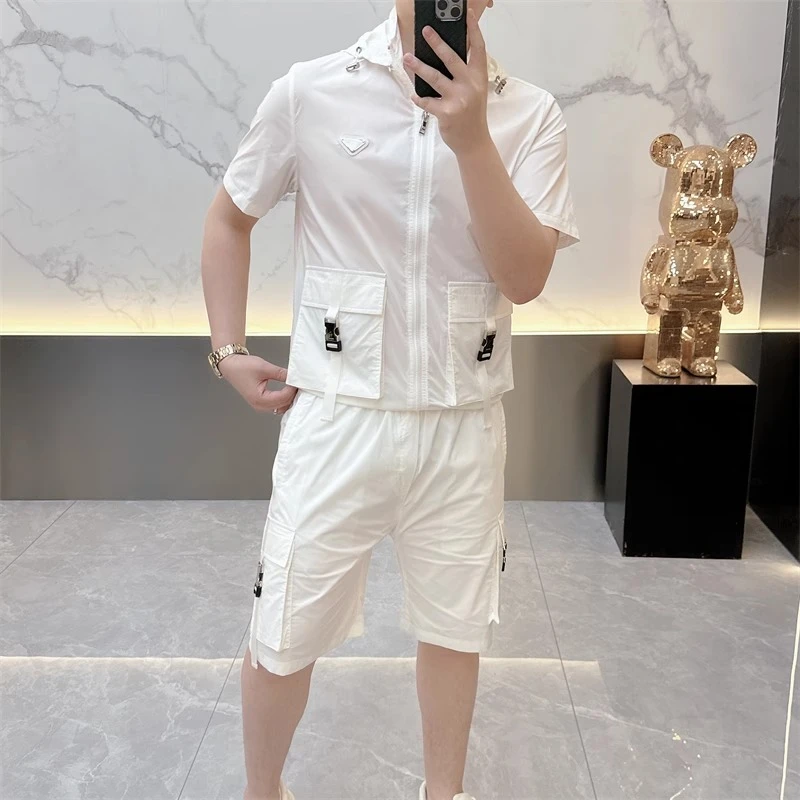 欧货轻奢夏季高品质短袖T恤男拉链翻领套装时尚百搭短裤两件套潮