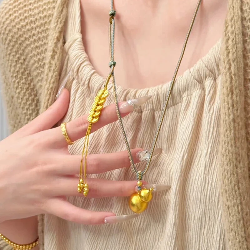 瑞诺黄金新中式福禄葫芦吊坠女新款足金999五帝钱项链送女友礼物