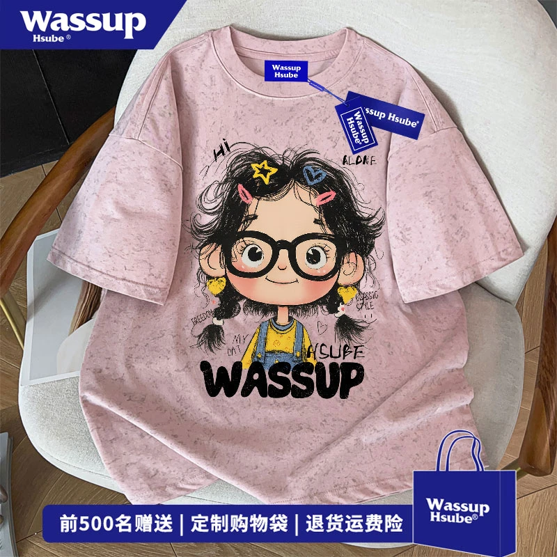 WASSUP HSUBE 夏季ins百搭短袖T恤嘻哈风小女孩印花扎染纯棉上衣