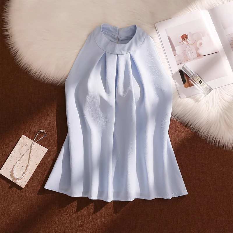 法式无袖褶皱浅蓝色挂脖吊带夏天设计感别致洋气小衫温柔气质上衣