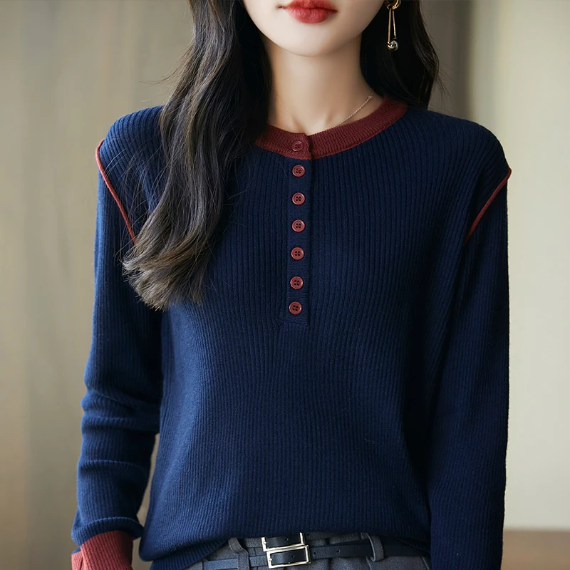 哥弟阿玛施官方新款圆领纽扣套头针织衫秋季时髦显瘦百搭长袖上衣