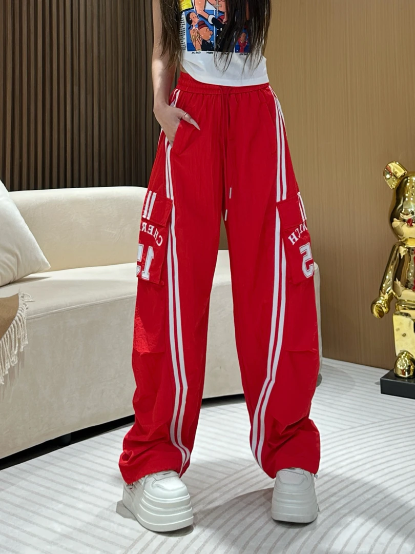 DA6632条纹拼接口袋工装裤夏季美式薄款宽松阔腿网红洋气炸街女装