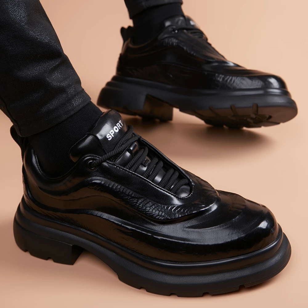 厚底休闲皮鞋男真皮运动风轻便发泡底增高商务休闲鞋子英伦德比鞋