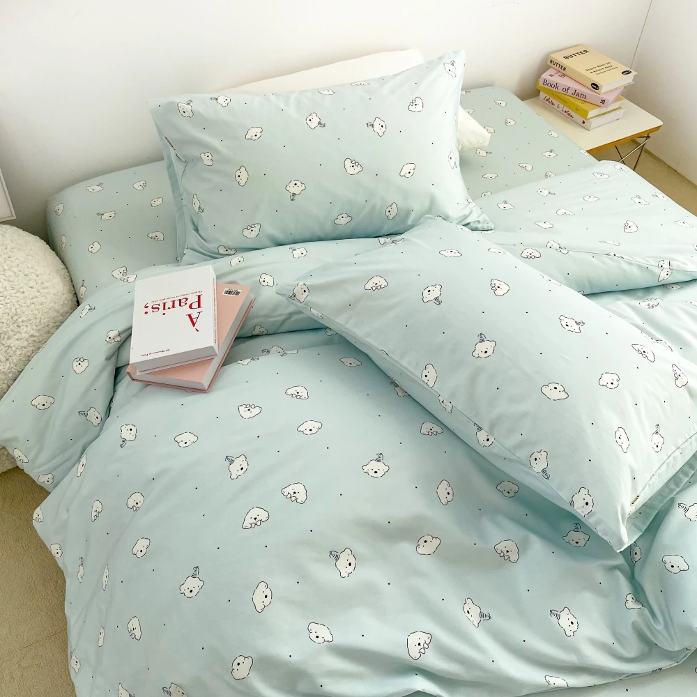 小狗团子 原创卡通100全棉三四件套床单床笠款可爱小狗奶蓝简单系