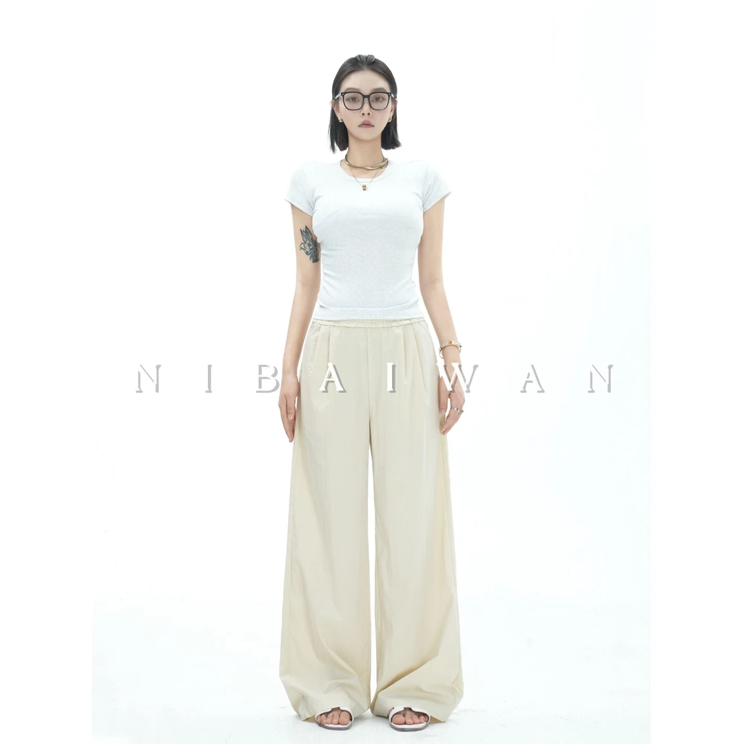 NBW 25美式复古洋气松紧阔腿裤夏季薄款透气时尚百搭垂感休闲女裤
