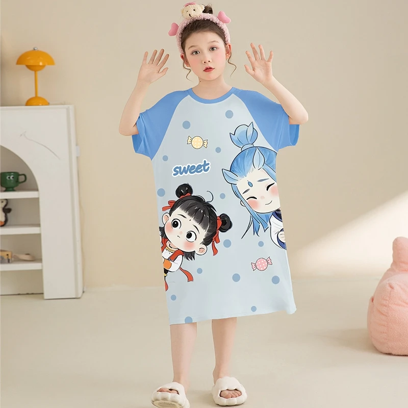 伊束姿女孩睡裙莫代尔儿童中大童夏季薄款女童睡衣夏款公主家居服