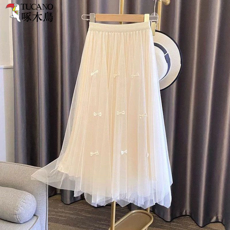 超仙蝴蝶结网纱半身裙早春夏显瘦法式高腰a字裙子