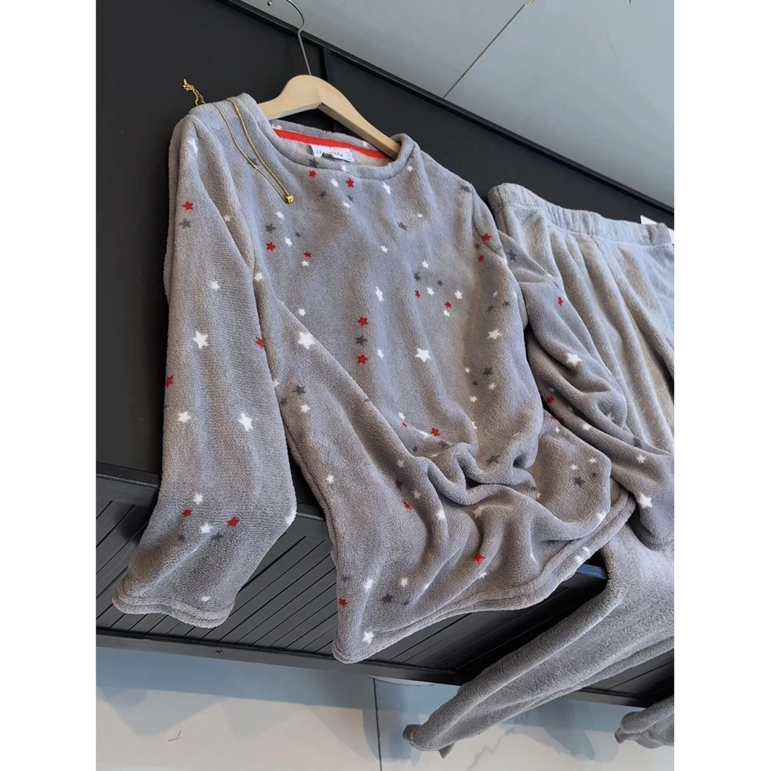 新款秋冬圆领毛绒星星长袖长裤家居服睡衣两件套
