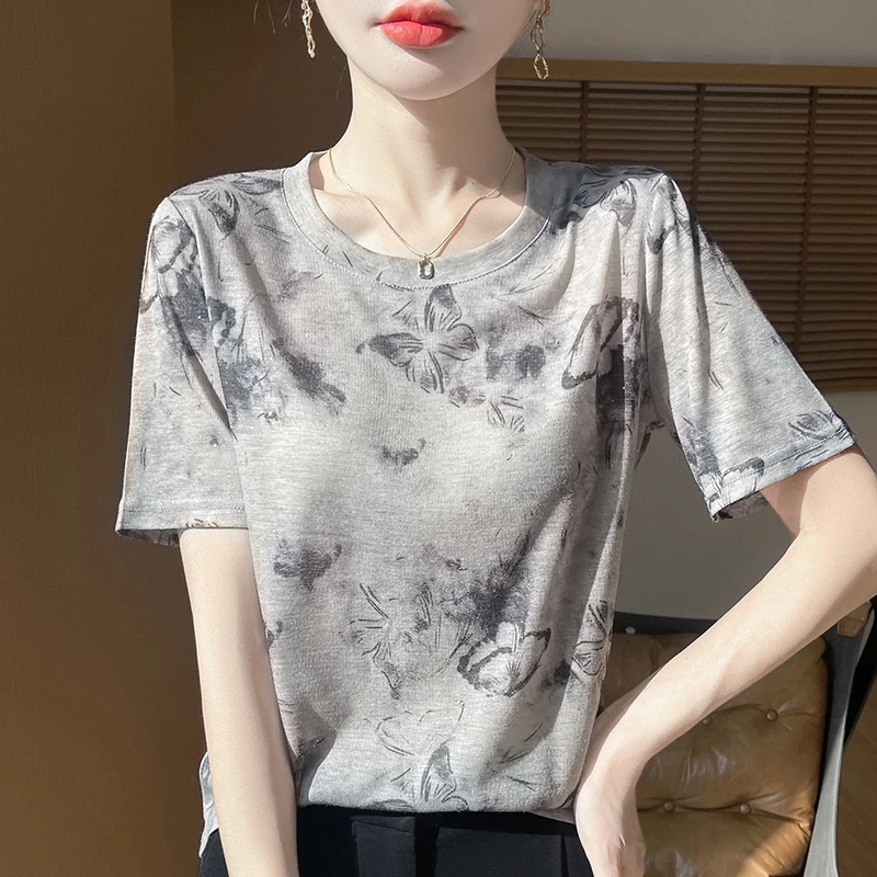 圆领夏季宽松抗起球通勤T恤INS风洋气短袖针织扎染印花复古薄款