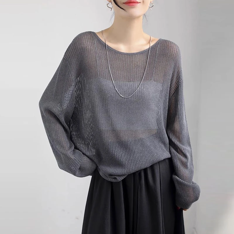 圆领宽松亚麻镂空针织防晒空调衫女夏季长袖外搭上衣薄款罩衫灰色