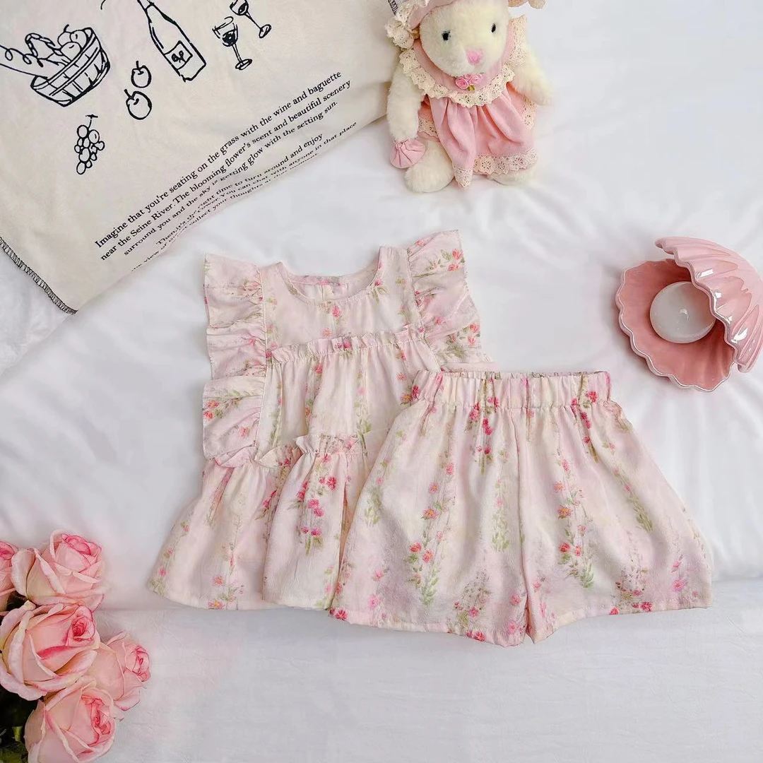 夏季时尚田园风简约女童碎花娃娃衫套装 D-AB406