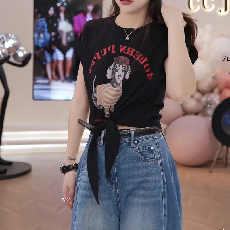 【摩登小狗】25夏季时尚圆领美式复古狗狗绑带短袖上衣LK2503012