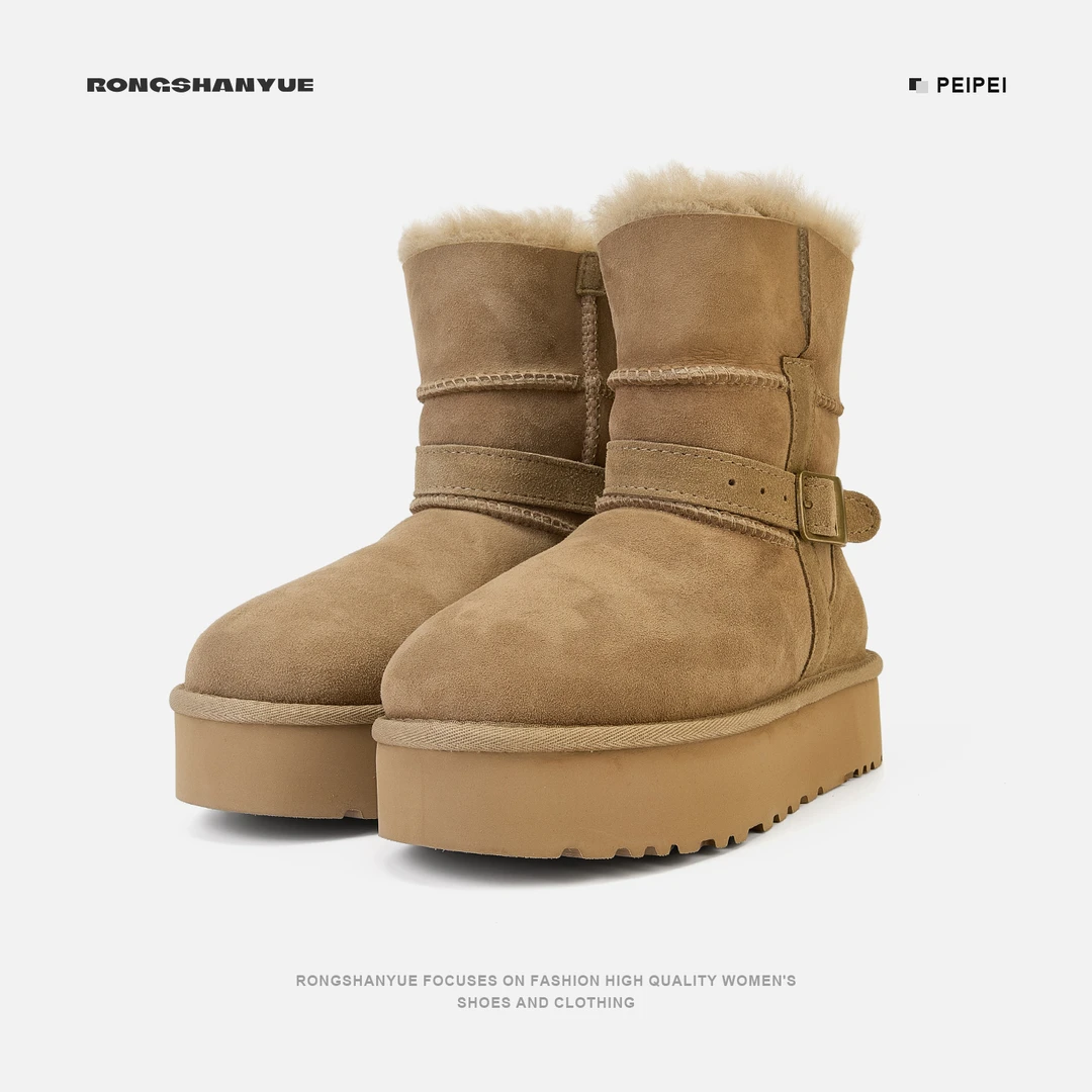 Rongshanyue雪地靴女2025冬新款保暖厚底皮带扣短筒骑士靴B1486
