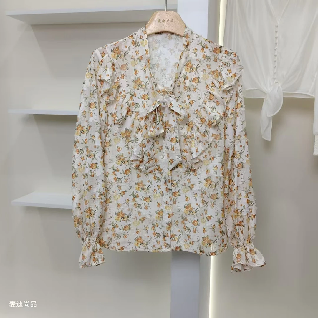 麦迪尚品【DS】5060234 蝴蝶结系带碎花小衫春季女装商场同款