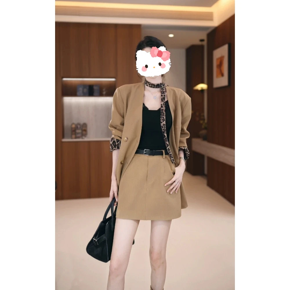 早秋新款高级感轻熟风宽松款气质豹纹拼接西装短裙套装女秋季显瘦