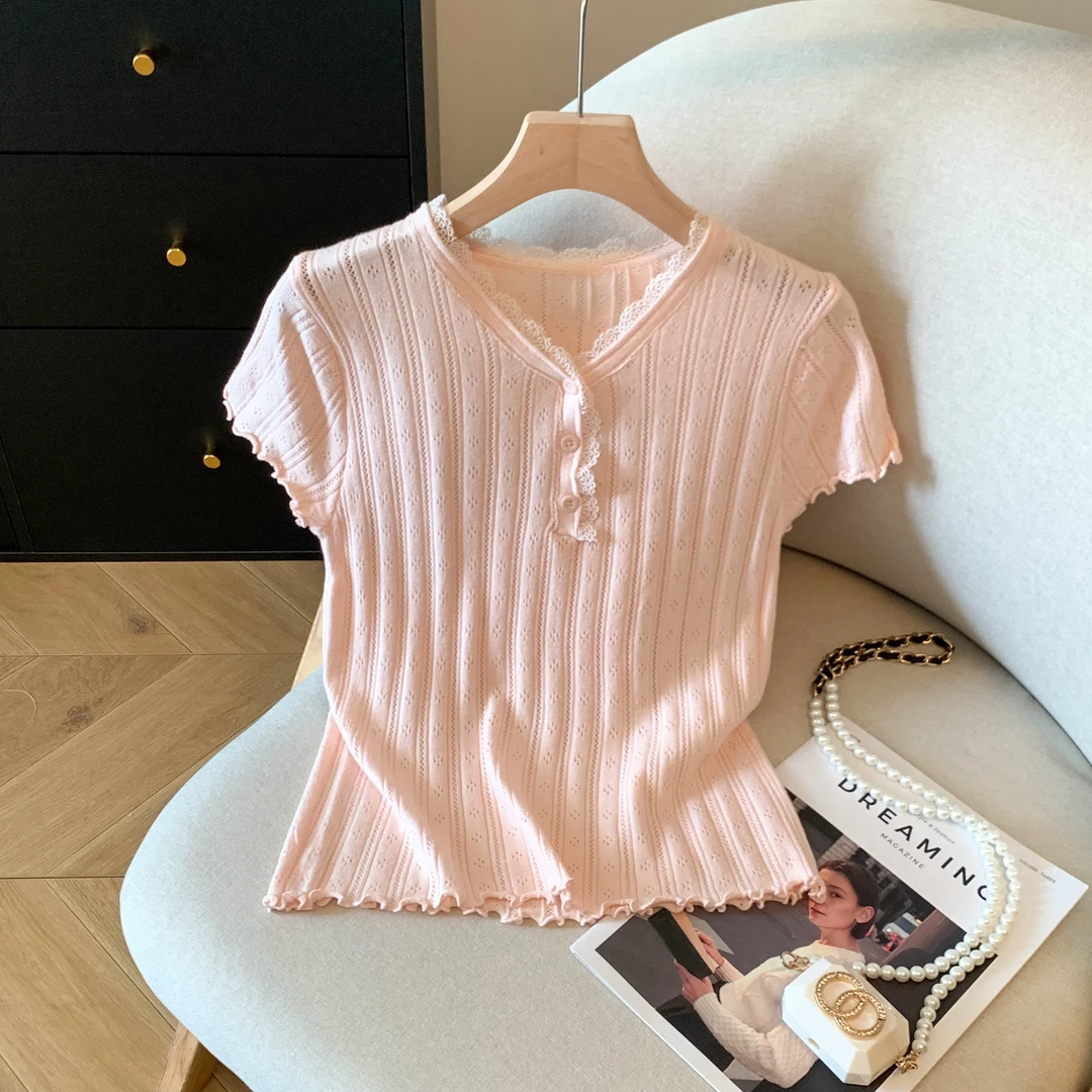 纯欲风bm蕾丝v领短袖女夏季新款木耳边甜美减龄短款修身针织上衣