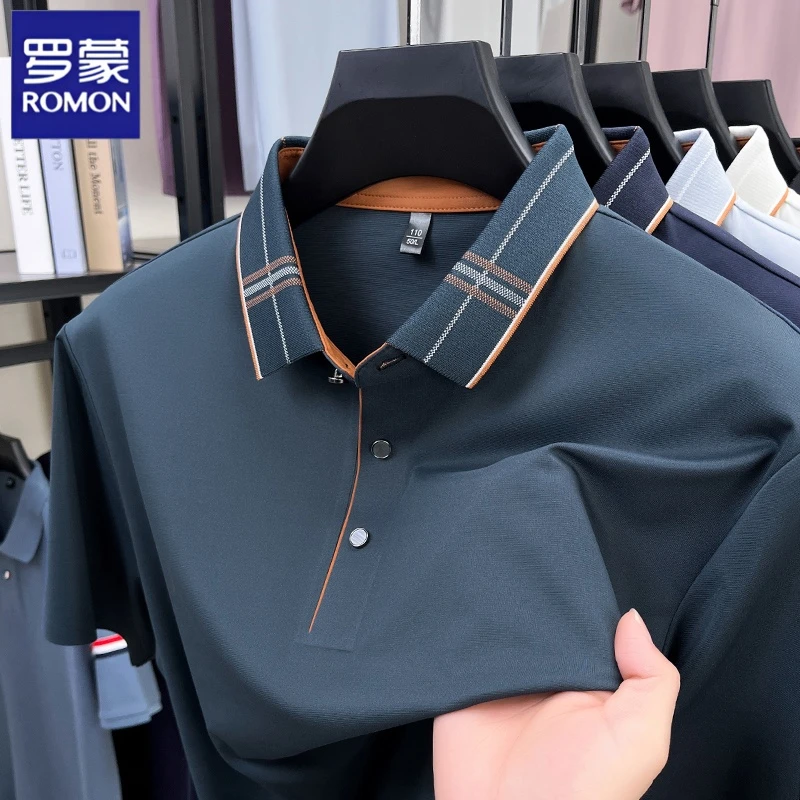 罗蒙夏季桑蚕丝无痕短袖T恤POLO衫男士商务休闲透气时尚速干上衣