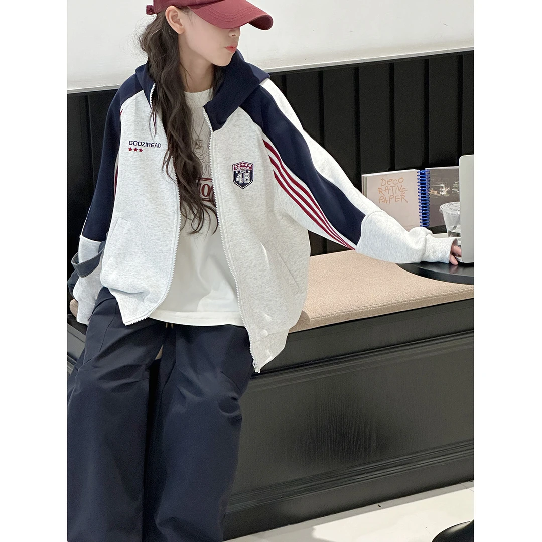 K29615孙小美撞色女童外套2025秋装新款儿童连帽上衣大童春秋卫衣