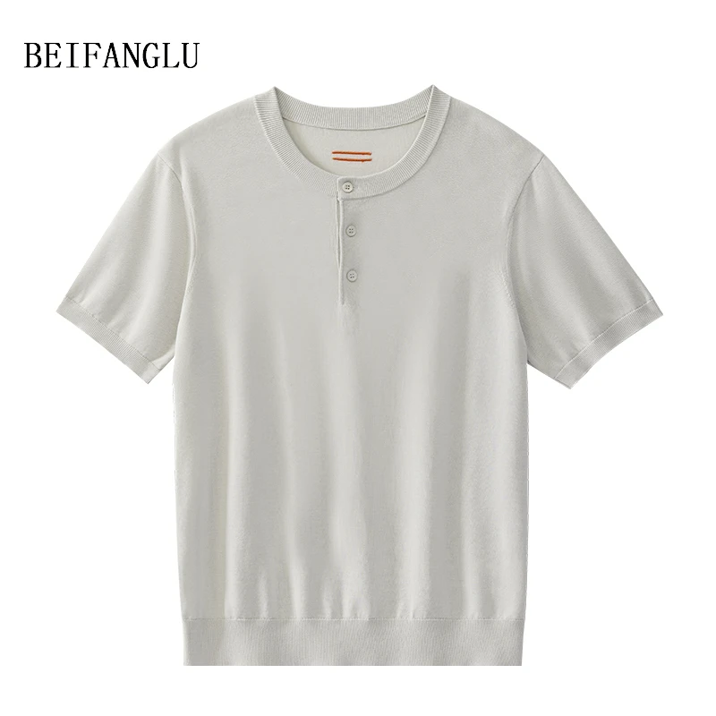 北方鹿【莱赛尔棉桑蚕丝】休闲商务风亨利领男士圆领针织T短袖32057