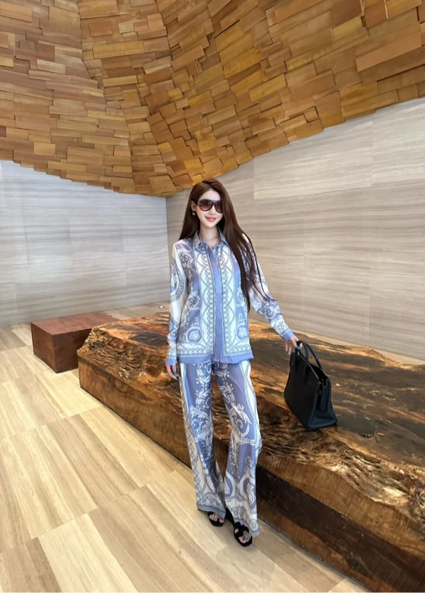 【粥粥高级定制】紫罗兰梦境气质复古宫廷风 印花冰丝缎面套装