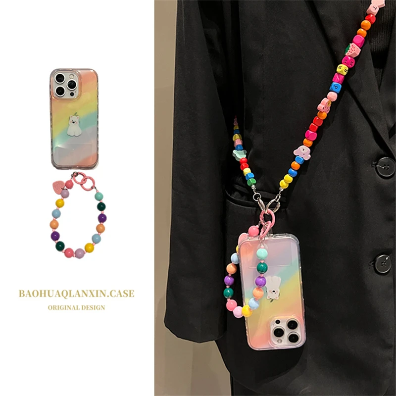 斜挎可背挂绳适用于苹果16promax手机壳15pro晕染彩虹西高地14pro