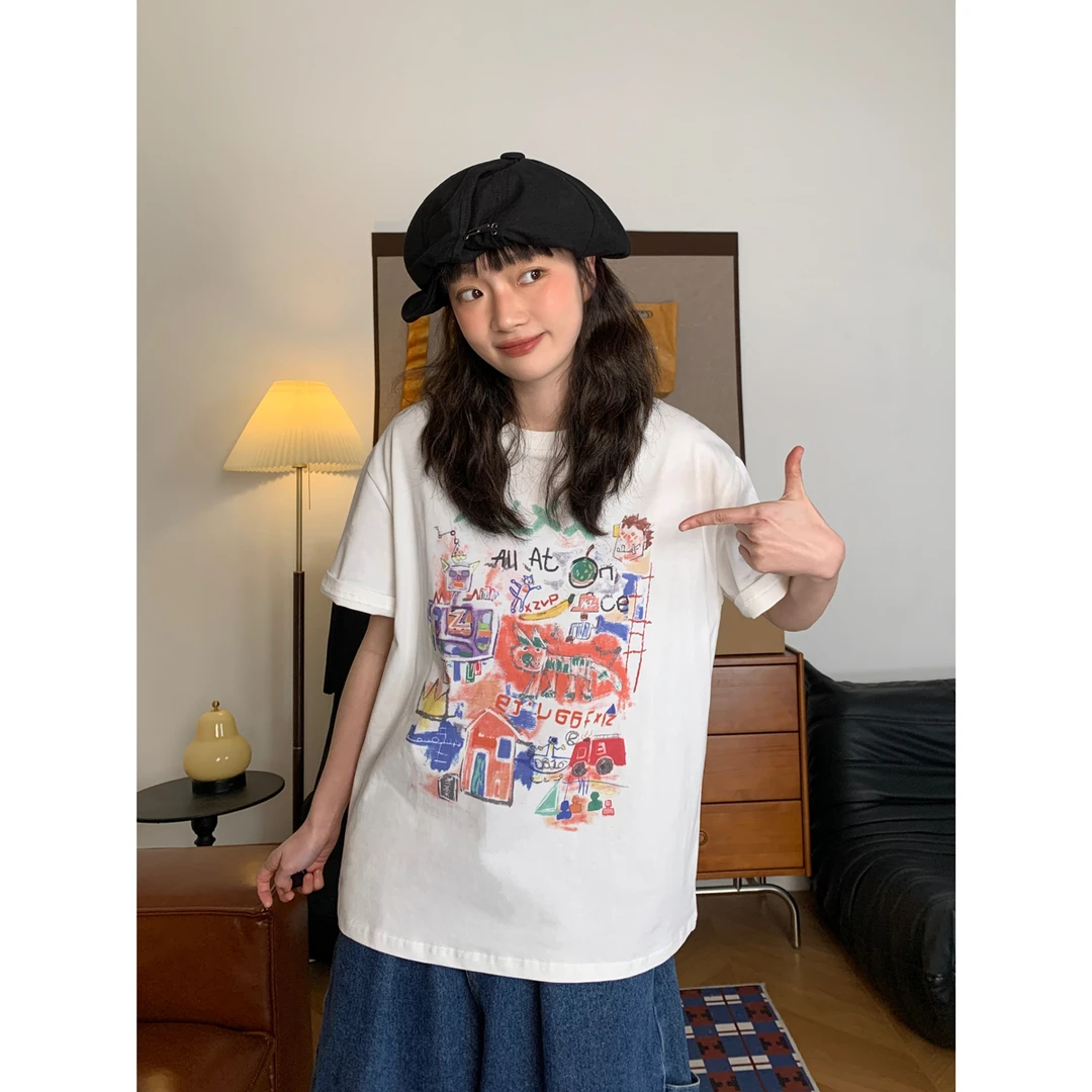 复古涂鸦印花全棉短袖女韩版夏季新款休闲百搭宽松显瘦T恤上衣潮