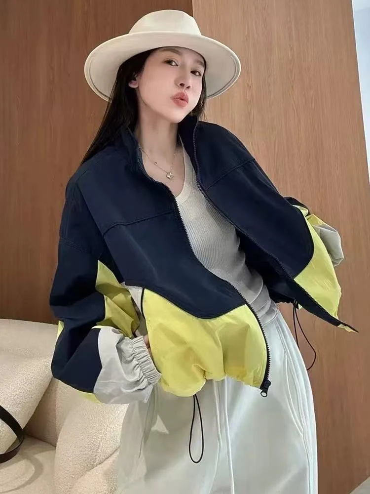 2557#韩版拼色立领短外套女新款棒球服开衫宽松休闲冲锋衣夹克