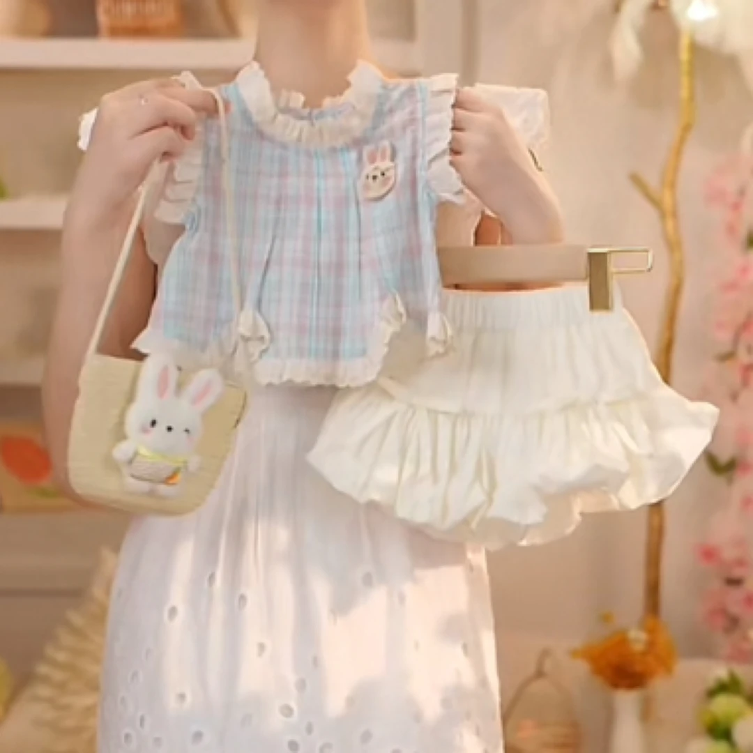 2025年夏季新款女童可爱法式蕾丝花边蓝色格子小兔花苞套装