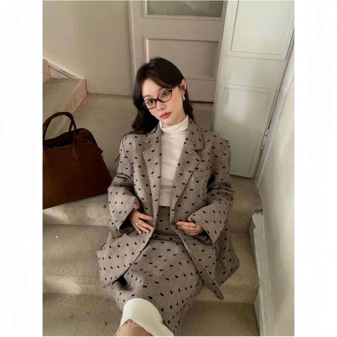 美拉德韩版复古文艺印花西装外套女宽松F2629