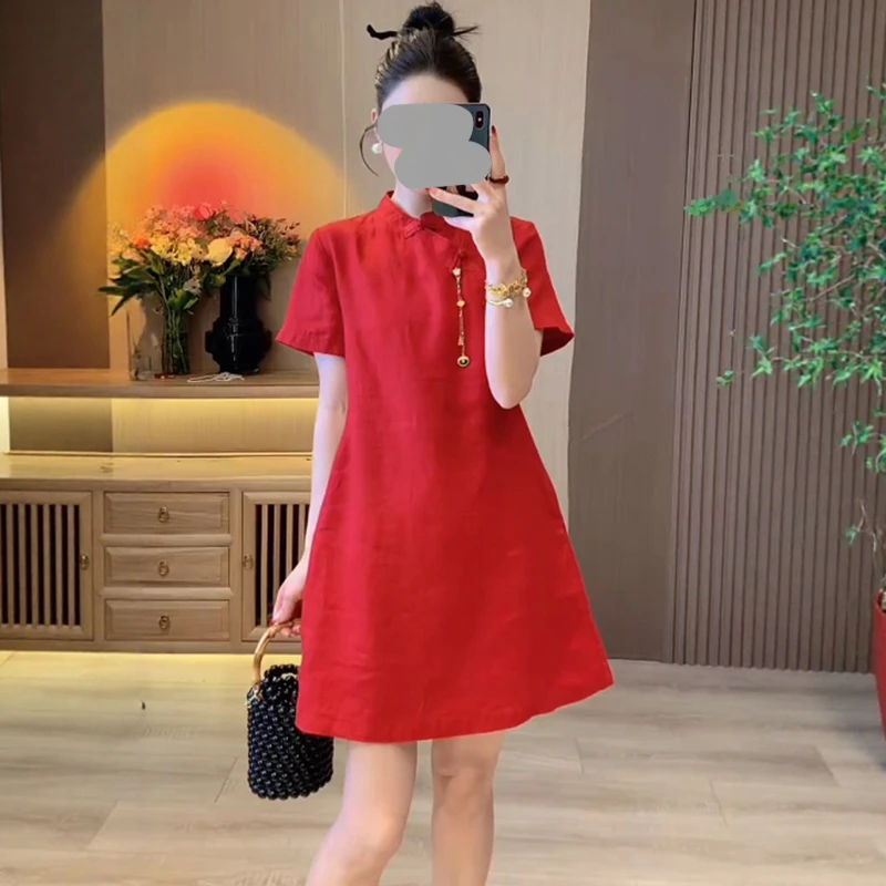 官图 新中式国风复古别致洋气设计感好看红色立领连衣裙2025夏季